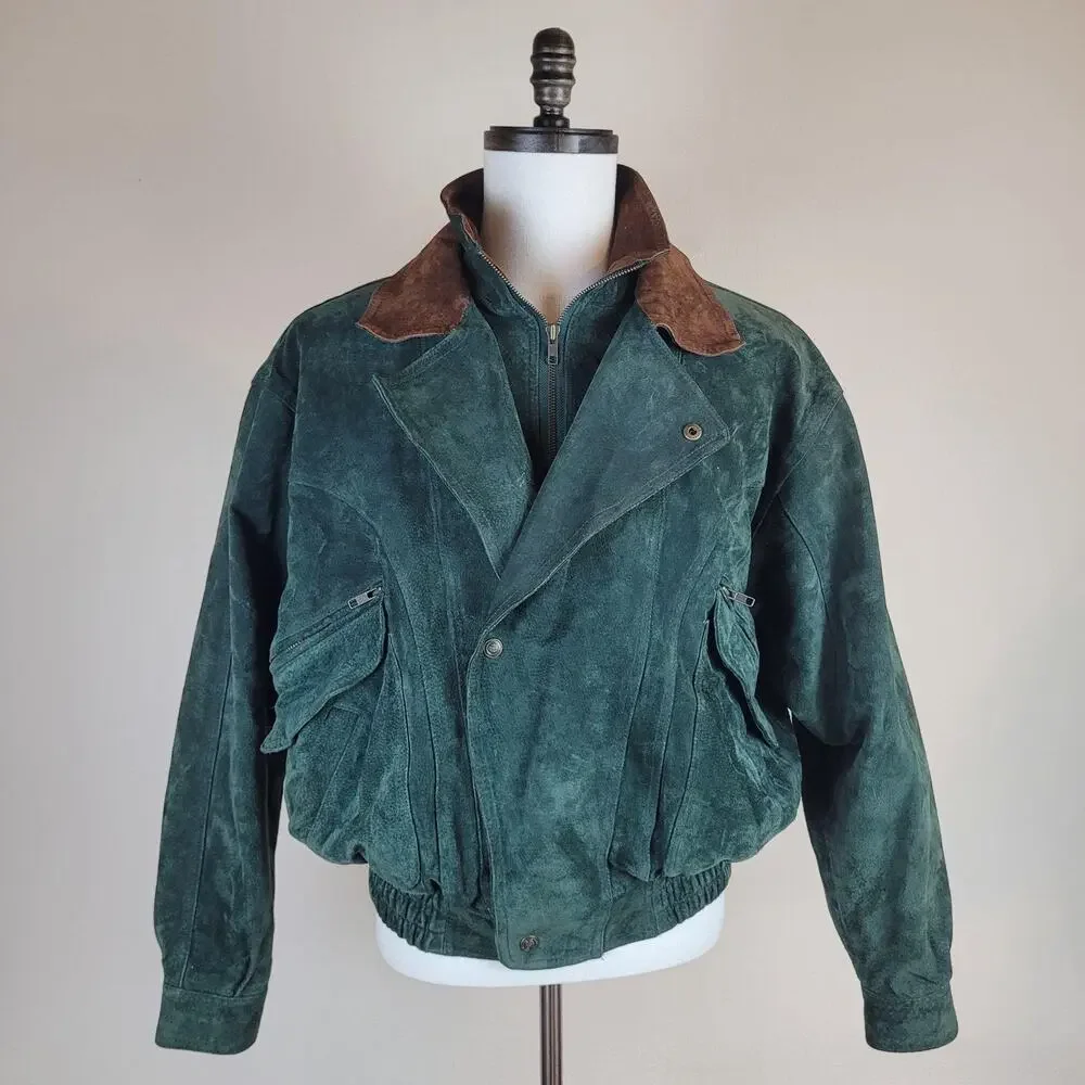 Vintage Green Suede Jacket Men Small Bomber Leather Trim Zip 90s Double Breasted